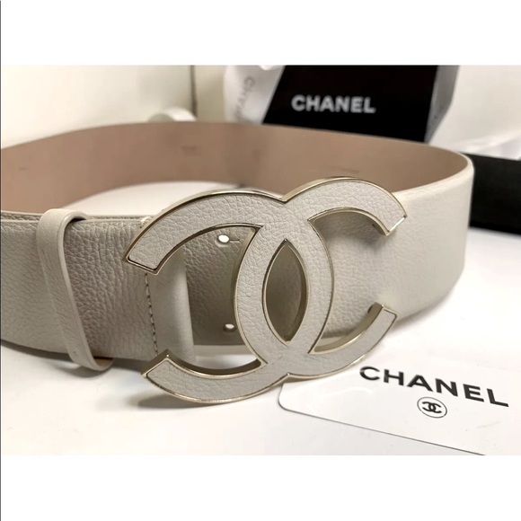 CHANEL 08P RARE ⭐️ Leather Belt Cream Off White Ivory Gold CC Huge Y2K Big Logo - Picture 13 of 16